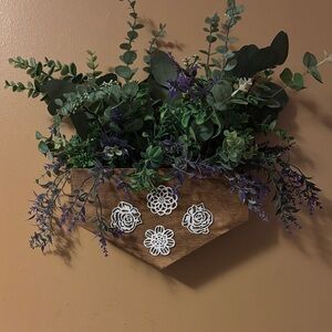 Wooden Wall Planter with Greenery and Purple Accents